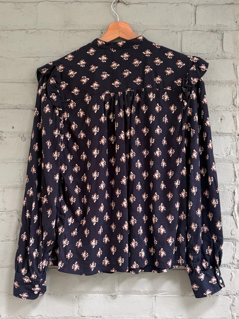 Navy Floral Ruffle Snap Button Blouse - Picture 9 of 9